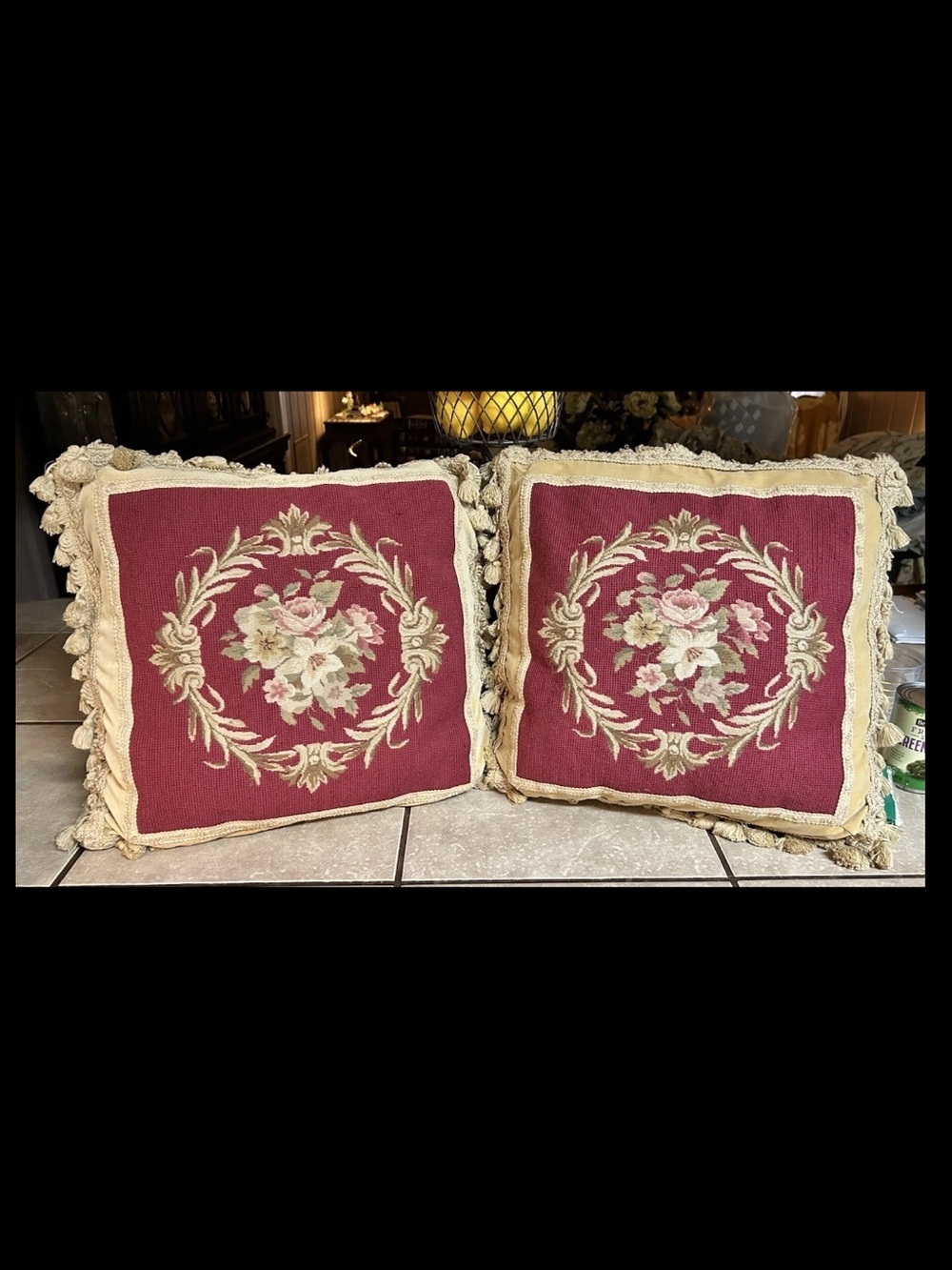 Vintage Pair Of Needlepoint Pillows Rose Bouquet Fringed Zip Closure 18 X 18